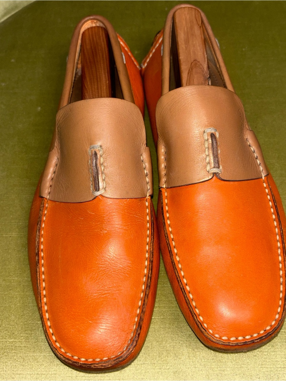 Prada Mens Saffiano Leather Slip On Driving Loafer Orange Tan Men's Size 7 - Picture 12 of 13